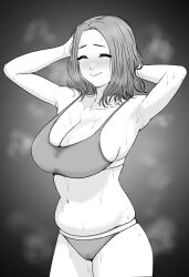 Rule 34 | 1girl, ^ ^, absurdres, armpits, arms up, belly, blush, breasts, cleavage, closed eyes, forehead, greyscale, highres, large breasts, monochrome, nose blush, original, smile, solo, steaming body, sweaty clothes, tantanmen72, underwear, underwear only