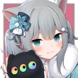 Rule 34 | 1girl, amashiro natsuki, animal ears, aqua eyes, blue eyes, blush, bow, cat ears, cat girl, cat hair ornament, closed mouth, commentary request, fang, fur collar, grey hair, hair ornament, highres, holding, long hair, looking at viewer, nachoneko, original, portrait, smile, two side up