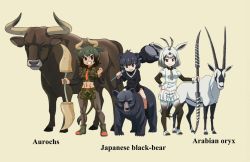 Rule 34 | 3girls, abs, animal ears, arabian oryx (kemono friends), aurochs, aurochs (kemono friends), bear, beige background, black eyes, black footwear, black hair, black legwear, black necktie, black shirt, black sweater, bob cut, brown hair, camouflage, camouflage shirt, camouflage skirt, clenched hand, closed mouth, commentary request, cow ears, cow horns, creature and personification, dark-skinned female, dark skin, english text, green footwear, green shirt, green skirt, grin, hand on own hip, highres, holding, holding weapon, horns, japanese black bear (kemono friends), kemono friends, layered sleeves, long sleeves, looking at viewer, midriff, miniskirt, multiple girls, name connection, navel, necktie, over shoulder, pantyhose, paw stick, pleated skirt, red necktie, riding, shirt, shoes, short over long sleeves, short sleeves, side slit, silver hair, simple background, skirt, smile, standing, sweater, weapon, white footwear, white shirt, white skirt, yamaguchi yoshimi, yellow background