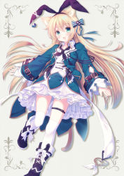 Rule 34 | 1girl, :d, alice (alice in wonderland), alice in wonderland, animal ears, aqua eyes, bad id, bad pixiv id, belt buckle, blonde hair, blush, boots, bow, buckle, cat ears, cat tail, commentary request, cross-laced footwear, fang, frilled skirt, frills, grey background, hair bow, hairband, highres, jacket, kemonomimi mode, kerchief, kneehighs, leg up, long hair, long sleeves, looking at viewer, misaki yuu, open mouth, outstretched arms, skirt, slit pupils, smile, socks, solo, standing, standing on one leg, tail, thigh strap, white socks, wing collar