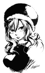 Rule 34 | 1girl, fairy tail, fur trim, greyscale, hair between eyes, hat, juvia lockser, long hair, mashima hiro, monochrome, official art, parted lips, signature, sketch, solo, upper body, winter clothes