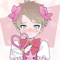 Rule 34 | 1boy, blue eyes, blush, child, commentary request, cona aquarius, cosplay, crossdressing, hair ribbon, heart, holding, holding wand, looking at viewer, male focus, ribbon, short hair, short sleeves, trap, upset, wand