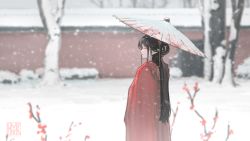 Rule 34 | 1girl, absurdres, black hair, building, highres, holding, holding umbrella, hua ming wink, long hair, looking to the side, oil-paper umbrella, original, outdoors, pointy ears, red robe, robe, snow, snowing, solo, standing, tree, umbrella