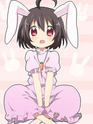 Rule 34 | 1girl, ahoge, animal ears, bad id, bad pixiv id, black hair, rabbit ears, female focus, inaba tewi, indian style, jewelry, maruki (punchiki), open mouth, pendant, red eyes, short hair, sitting, solo, staring, touhou, v arms