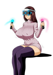 Rule 34 | 1girl, black thighhighs, bouncing breasts, breasts, brown hair, covered erect nipples, henriiku (ahemaru), highres, huge breasts, large breasts, long hair, original, playstation move, playstation vr, ribbed sweater, sitting, smile, solo, sweater, thighhighs, thighs, turtleneck, zettai ryouiki