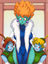 Rule 34 | 3girls, blonde hair, blue skin, breasts, brown hair, character request, china dress, chinese clothes, colored skin, cowboy shot, dragon ball, dragonball z, dress, earrings, elbow gloves, facing viewer, feather trim, gloves, green lips, green skin, hebihime (dragon ball), highres, jewelry, legs, lipstick, looking at viewer, makeup, multiple girls, orange hair, pointy ears, red eyes, sano br, smile, standing, thighs