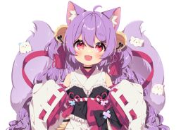 Rule 34 | 1girl, :3, ahoge, animal ear fluff, animal ears, bare shoulders, bell, black choker, blush, bow, choker, detached sleeves, fang, fox ears, fox tail, frills, hair bell, hair ornament, indie virtual youtuber, jacket, japanese clothes, jingle bell, kimono, long sleeves, looking at viewer, mamyouda, miko, nekonomiya mitarou, open mouth, purple hair, red bow, red eyes, red ribbon, ribbon, simple background, sleeveless, sleeves past fingers, sleeves past wrists, smile, solo, tail, upper body, virtual youtuber, white background, white kimono, wide sleeves, yellow jacket