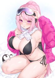 Rule 34 | 1girl, absurdres, bikini, bird, black bikini, blue archive, blush, breasts, deogho (liujinzy9854), eimi (blue archive), eimi (swimsuit) (blue archive), goggles, goggles on head, halo, highres, huge breasts, jacket, long hair, looking at viewer, official alternate costume, open clothes, open jacket, penguin, pink eyes, pink hair, pink halo, pink jacket, ponytail, scarf, side-tie bikini bottom, ski goggles, solo, squatting, swimsuit, thighs