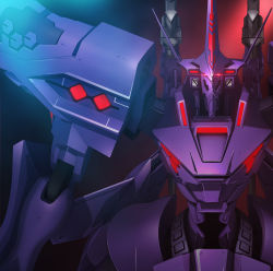 Rule 34 | dark background, glowing, glowing eyes, highres, key visual, looking at viewer, mecha, muv-luv, muv-luv alternative, muv-luv alternative (anime), no humans, official art, promotional art, red eyes, robot, solo, sword, type 00 takemikazuchi, weapon