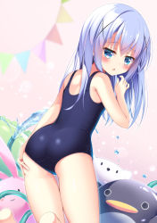 Rule 34 | 1girl, blue eyes, blue hair, blue one-piece swimsuit, commentary, cowboy shot, from behind, gochuumon wa usagi desu ka?, hair ornament, hatsuhi, highres, hose, inflatable penguin, inflatable rabbit, inflatable toy, kafuu chino, light blue hair, looking at viewer, looking back, one-piece swimsuit, school swimsuit, solo, standing, string of flags, swimsuit, water, x hair ornament