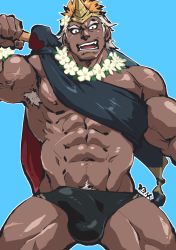 Rule 34 | 1boy, abs, armpit hair, armpits, bara, bare pectorals, biceps, black male swimwear, bulge, carrying over shoulder, cowboy shot, dark-skinned male, dark skin, erection, erection under clothes, fang, fire emblem, flower, flower necklace, helbindi (fire emblem), highres, horns, jewelry, large pectorals, looking at viewer, male focus, male swimwear, muscular, muscular male, navel, necklace, nintendo, nipples, official alternate costume, pectorals, sash, shirako (kirupi), short hair, sideburns, sidepec, single horn, solo, stomach, swim briefs, thick thighs, thighs, very dark skin