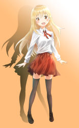 Rule 34 | 1girl, black thighhighs, blonde hair, doma umaru, himouto! umaru-chan, long hair, long sleeves, looking at viewer, open mouth, pleated skirt, red neckwear, red skirt, sayuuiede, shadow, shirt, skirt, solo, thighhighs, white shirt