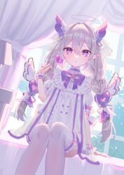 Rule 34 | 1girl, bow, bowtie, braid, candy, commission, curtains, dress, food, frilled dress, frills, grey hair, halo, harushio, heart, heart lollipop, highres, indie virtual youtuber, lollipop, long hair, pointy ears, purple bow, purple bowtie, purple eyes, shaped lollipop, sitting, skeb commission, solo, tenshi uyu, thighhighs, twin braids, virtual youtuber, white dress, white thighhighs