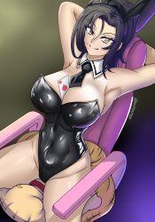 Rule 34 | 1girl, absurdres, armpits, arms behind head, artist name, between breasts, black hair, breasts, card, chair, cleavage, covered navel, highres, large breasts, legs, looking at viewer, merlin (nanatsu no taizai), nanatsu no taizai, necktie, rabbit ears, seductive smile, short hair, sitting, smile, solo, thick thighs, thighs, yellow eyes