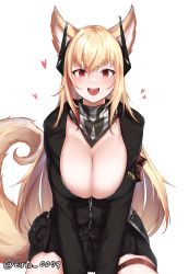 Rule 34 | 1girl, animal ears, armband, black jacket, blonde hair, breasts, cleavage, dog ears, dog girl, dog tail, esto 0079, girls&#039; frontline, headgear, heart, highres, jacket, large breasts, m4 sopmod ii (girls&#039; frontline), multicolored hair, open mouth, pleated skirt, red eyes, red scarf, scarf, simple background, sitting, skirt, streaked hair, tail, thigh strap, unzipped, white background