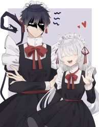 Rule 34 | 1boy, 1girl, ahoge, alternate costume, ao no exorcist, aoirnn, blue eyes, blush, border, bow, crossed arms, enmaided, closed eyes, grey hair, hair between eyes, hair ribbon, heart, highres, long hair, looking at viewer, maid, maid headdress, mole, okumura rin, open mouth, original, pointy ears, red bow, ribbon, shaded face, tail, teeth, w, white border