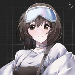 Rule 34 | 1girl, arknights, black overalls, brown eyes, brown hair, choker, dated, goggles, goggles on head, grey background, hair between eyes, highres, jacket, looking at viewer, muzi (muaz), open clothes, open jacket, overalls, roberta (arknights), shirt, short hair, simple background, smile, solo, straight-on, white choker, white jacket, white shirt