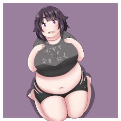Rule 34 | 1girl, belly, breasts, clothes writing, fat, highres, ichigoneko, kneeling, large breasts, looking at viewer, open mouth, original, purple eyes, purple hair, purple theme, solo, thighs, tight clothes