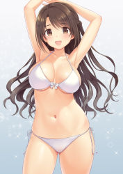Rule 34 | 1girl, :d, armpits, arms up, bikini, breasts, brown eyes, brown hair, contrapposto, cowboy shot, gluteal fold, gradient background, highres, idolmaster, idolmaster cinderella girls, large breasts, long hair, n.g., navel, one side up, open mouth, shimamura uzuki, side-tie bikini bottom, simple background, smile, solo, sparkle, standing, stomach, swimsuit, white bikini