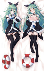 Rule 34 | 1girl, :o, aqua eyes, aqua hair, arm at side, bare shoulders, bed sheet, black ribbon, black skirt, black thighhighs, blue neckerchief, blush, breasts, breasts apart, breasts out, choker, collarbone, criss-cross halter, dakimakura (medium), detached sleeves, from above, full body, gluteal fold, hair between eyes, hair ornament, hair ribbon, hairclip, half-closed eyes, halterneck, hand on own stomach, head tilt, highres, kantai collection, kochipu, lifebuoy, long hair, long sleeves, lying, medium breasts, miniskirt, multiple views, neckerchief, nipples, no bra, no shoes, on back, on side, panties, pantyshot, parted lips, pleated skirt, ponytail, ribbon, skirt, strap slip, swim ring, tareme, thigh gap, thighhighs, underwear, upskirt, very long hair, white choker, white panties, wide sleeves, yamakaze (kancolle), zettai ryouiki