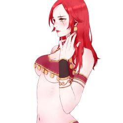 Rule 34 | 1girl, alternate costume, armband, belly dancer, bikini, bikini top only, blush, bracelet, breasts, cleavage, dancer, earrings, green eyes, heather37, highres, jewelry, katarina (league of legends), league of legends, lipstick, long hair, makeup, navel, red hair, red lips, scar, scar across eye, scar on face, simple background, solo, underboob, white background