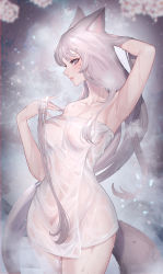 Rule 34 | 1girl, animal ear fluff, animal ears, arm behind head, arm up, armpits, breasts, cowboy shot, fox ears, fox girl, fox tail, grey eyes, grey hair, hand up, highres, hitowa, large breasts, long hair, looking at viewer, naked towel, original, parted lips, see-through, sideways glance, solo, standing, tail, towel, very long hair, wet