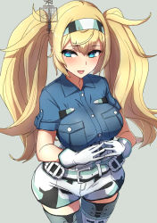Rule 34 | 1girl, belt, blonde hair, blue eyes, blush, boots, breast pocket, breasts, camouflage, camouflage shorts, comala (komma la), gambier bay (kancolle), gloves, grey background, hairband, headgear, highres, kantai collection, large breasts, long hair, open mouth, pocket, shirt, short sleeves, shorts, simple background, solo, thigh boots, thighhighs, twintails