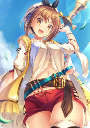 Rule 34 | 1girl, :d, atelier (series), atelier ryza, atelier ryza 1, belt, belt skirt, blouse, brown eyes, brown hair, cloud, cowboy shot, day, flask, from below, head tilt, highres, holding, holding staff, looking at viewer, luupechi, open mouth, outdoors, red shorts, reisalin stout, shirt, short hair, short shorts, shorts, skindentation, sky, smile, solo, staff, standing, thighhighs, white headwear, white shirt