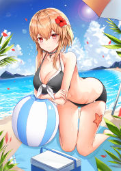 Rule 34 | 1girl, absurdres, ass, bad id, bad pixiv id, ball, beach, beach towel, beach umbrella, beachball, bikini, black bikini, blue oath, breasts, brown hair, cleavage, closed mouth, cloud, cooler, cross, day, flower, gluteal fold, hair flower, hair ornament, hairclip, highres, jewelry, kneeling, large breasts, layered bikini, leaf, leaning forward, lens flare, looking at viewer, mountain, mountainous horizon, navel, necklace, neon (hhs9444), o-ring, o-ring bikini, o-ring bottom, ocean, outdoors, petals, prinz eugen (blue oath), red eyes, sidelocks, sky, smile, solo, starfish, sun, sunlight, swimsuit, thigh gap, thighs, towel, umbrella