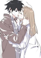 Rule 34 | 2boys, ahoge, ann (adey), bandage on face, bandages, black eyes, blonde hair, blush, brown shirt, choppy bangs, closed eyes, cropped legs, grey shirt, holding another&#039;s arm, holding another&#039;s head, imminent kiss, licking, licking another&#039;s face, licking another&#039;s lips, long hair, multiple boys, original, oversized clothes, oversized shirt, ray (adey), shirt, short hair, sweat, ten (lu2948d), tongue, tongue out, trap, white background, white shirt, yaoi