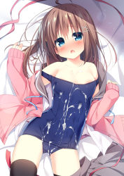 Rule 34 | 1girl, arm up, bare shoulders, bed sheet, black thighhighs, blue ribbon, blush, breasts, brown hair, brown sailor collar, brown skirt, cardigan, collarbone, cum, cum on clothes, fang, hair between eyes, hair ornament, hairclip, hanamiya natsuka, hand up, head tilt, long hair, long sleeves, looking at viewer, lying, nose blush, on back, one-piece swimsuit, open cardigan, open clothes, open mouth, original, pink cardigan, pink ribbon, pleated skirt, ribbon, sailor collar, school swimsuit, school uniform, serafuku, shirt, skirt, skirt around one leg, sleeves past wrists, small breasts, solo, strap slip, swimsuit, thighhighs, white shirt, x hair ornament