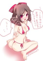 Rule 34 | 10s, 1girl, ass, barefoot, bikini, blush, breasts, brown hair, drill hair, covered erect nipples, from behind, harukaze (kancolle), kantai collection, long hair, medium breasts, red eyes, sitting, soles, solo, swimsuit, teltelhousi, thong bikini, translation request, twisted torso, wariza