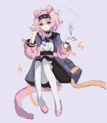 Rule 34 | 1girl, animal ears, arknights, black hairband, black skirt, black wristband, blue background, blue bow, blue coat, bow, braid, cat ears, cat girl, cat tail, coat, goldenglow (arknights), hair bow, hair ornament, hairband, hairclip, hand up, highres, jacket, lightning bolt print, looking at viewer, multicolored clothes, multicolored jacket, pantyhose, pink hair, pink jacket, shirt, simple background, single braid, skirt, smile, solo, tail, two-tone jacket, white pantyhose, white shirt, yellow eyes, yi74981436
