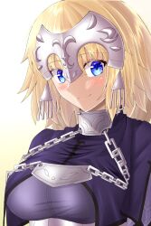 Rule 34 | 1girl, artist request, blonde hair, blue eyes, blush, breasts, chain, fate/apocrypha, fate/grand order, fate (series), headgear, highres, jeanne d&#039;arc (fate), jeanne d&#039;arc (ruler) (fate), large breasts, long hair, smile, solo, white background