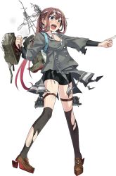 Rule 34 | 1girl, asagumo (kancolle), bandana, bike shorts, black thighhighs, blue ribbon, brown eyes, brown hair, coat, detached sleeves, fujikawa, full body, green skirt, hair ribbon, kantai collection, long hair, official art, open mouth, pleated skirt, pointing finger, ribbon, school uniform, shirt, simple background, skirt, solo, thighhighs, torn clothes, transparent background, twintails, very long hair, white shirt
