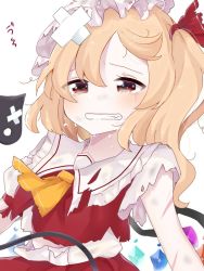 Rule 34 | 1girl, blonde hair, clenched teeth, collared shirt, commentary request, crossed bandaids, crying, crying with eyes open, crystal, eringi (rmrafrn), fang, flandre scarlet, frilled shirt collar, frills, hair between eyes, hair ribbon, hat, long hair, mob cap, one side up, red eyes, red ribbon, red skirt, red vest, ribbon, shirt, short sleeves, simple background, skirt, solo, tears, teeth, torn clothes, torn hat, torn shirt, torn vest, touhou, vest, white background, white hat, white shirt, wings