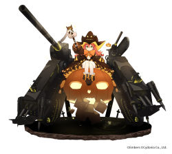 Rule 34 | 1girl, ash arms, black dress, black footwear, boots, bow, commentary, dress, frilled dress, frills, green eyes, halloween, halloween costume, hat, highres, holding, holding staff, jack-o&#039;-lantern, long hair, long sleeves, looking at viewer, maus (ash arms), medium dress, official art, orange bow, orange neckwear, red hair, rigging, simple background, sitting, solo, staff, undeedking, watermark, white background, witch hat