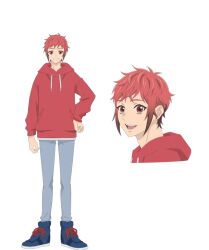 Rule 34 | 1boy, blush, closed mouth, grey pants, happy, kyuujitsu no warumono-san, long hair, open mouth, pants, red akatsuki, red eyes, red sweater, shoes, smile, solo, sweater, transparent background