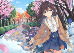 Rule 34 | 1girl, autumn leaves, bare tree, blue eyes, blue skirt, blue sky, blurry, blurry foreground, blush, brown hair, brown jacket, bucket hat, center frills, closed mouth, cloud, collared shirt, commentary request, day, depth of field, fingernails, flower, frills, fur-trimmed jacket, fur-trimmed sleeves, fur trim, hair between eyes, hat, jacket, long hair, long sleeves, looking at viewer, miko fly, open clothes, open jacket, original, outdoors, petals, pink flower, pleated skirt, shirt, signature, skirt, sky, sleeves past wrists, smile, snow, snowman, solo, tree, white shirt