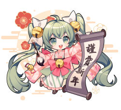 Rule 34 | 1girl, ahoge, bell, calligraphy, calligraphy brush, calligraphy scroll, cherry blossoms, chibi, cloud background, commentary, egasumi, english commentary, floral print, flower, full body, full moon, green eyes, green hair, hair bell, hair ornament, happi, happy new year, hatsune miku, highres, holding, holding brush, holding scroll, japanese clothes, kazenemuri, kimono, long hair, moon, new year, open mouth, paintbrush, scroll, smile, solo, translated, twintails, very long hair, vocaloid