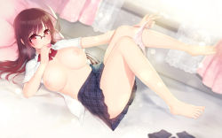 Rule 34 | 1girl, ahoge, arima senne, barefoot, bed, bedroom, bra, breasts, brown hair, glasses, highres, kashiwamochi yomogi, large breasts, lingerie, long hair, lying, midriff, mole, mole on breast, nipples, on bed, open clothes, open shirt, panties, panty pull, red eyes, ribbon, shirt, skirt, smile, solo, steam, sweat, thighs, underwear