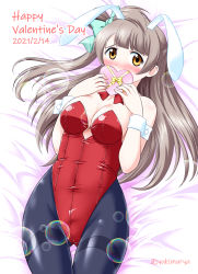 Rule 34 | 1girl, animal ears, black leotard, black pantyhose, box, brown eyes, commentary request, covering own mouth, cowboy shot, fake animal ears, gift, gluteal fold, grey hair, heart, highres, leotard, long hair, looking at viewer, love live!, love live! school idol project, lying, minami kotori, neck ribbon, one side up, pantyhose, playboy bunny, rabbit ears, rabbit tail, red ribbon, ribbon, solo, tail, valentine, wrist cuffs, yukimura hajime