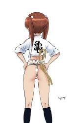 Rule 34 | 1girl, absurdres, ass, brown hair, from behind, fundoshi, girls und panzer, hands on own hips, highres, hiyama yuu (wee259hiyama), japanese clothes, kadotani anzu, long hair, mizu happi, signature, simple background, solo, standing, twintails, white background