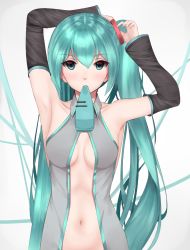 Rule 34 | 1girl, aqua eyes, aqua hair, armpits, arms up, bad id, bad pixiv id, bare shoulders, blush, breasts, collarbone, detached sleeves, gradient background, green hair, grey background, hairdressing, hatsune miku, highres, long hair, looking at viewer, mouth hold, navel, necktie, side ponytail, small breasts, solo, upper body, very long hair, vocaloid, yuu (yuu ammy)