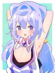 Rule 34 | 1boy, armpits, arms up, black shirt, blue hair, blush, brooch, chestnut mouth, commentary request, detached collar, dress, hacka doll, hacka doll 3, hair between eyes, highres, jewelry, long hair, looking at viewer, male focus, open mouth, oversized clothes, purple eyes, shirt, trap, wavy hair, white dress, wing collar, zeru (wisel army)