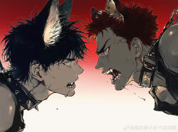 Rule 34 | 2boys, adam&#039;s apple, angry, animal collar, animal ears, bare shoulders, bdsm, black hair, chain, chain leash, chimmyming, collar, dog boy, dog ears, drooling, duel, extra ears, eye contact, face-to-face, fangs, from side, gradient background, highres, kemonomimi mode, leash, leash pull, looking at another, male focus, multiple boys, open mouth, portrait, profile, red background, red eyes, red hair, rukawa kaede, sakuragi hanamichi, saliva, short hair, slam dunk (series), sleeveless, spiked collar, spikes, tank top, veins