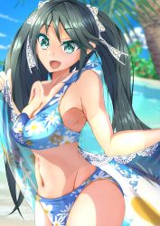 Rule 34 | 1girl, beach, bikini, blue bikini, blue sky, blurry, breasts, cleavage, cloud, commentary request, cowboy shot, day, depth of field, floral print, green eyes, grey hair, groin, hair ribbon, highres, isuzu (kancolle), kantai collection, kikuchi-shoogo, large breasts, long hair, looking at viewer, outdoors, palm tree, ribbon, single-shoulder bikini, sky, solo, swimsuit, tree, twintails