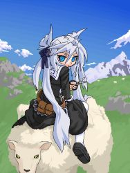 Rule 34 | 1girl, blue eyes, boots, bow, cloud, day, female focus, grass, hair bow, long hair, mof, mof&#039;s silver haired twintailed girl, mountain, oekaki, original, outdoors, riding, scissors, sheep, silver hair, sky, solo, thighhighs, twintails, very long hair