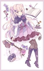 Rule 34 | 1girl, :o, absurdres, black capelet, blush, book, boots, bottle, brown pantyhose, capelet, card, checkerboard cookie, cookie, cup, double bun, dress, flower, food, frilled capelet, frills, full body, hair between eyes, hair bun, high heel boots, high heels, highres, hourglass, knee boots, light brown hair, long hair, long sleeves, looking at viewer, open book, orb, original, pantyhose, parted lips, pink flower, purple eyes, purple footwear, saucer, sleeves past wrists, solo, stuffed animal, stuffed toy, teddy bear, tsukiyo (skymint), very long hair, wand, white background