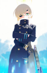 1girl absurdres black_coat black_gloves blonde_hair blue_archive blush bm_tol breasts buttons closed_mouth coat commentary crossed_arms double-breasted eyepatch gloves green_eyes gun halo highres long_sleeves looking_at_viewer medium_hair mossberg_590 pump_action shotgun solo suou_(blue_archive) sweatdrop weapon yellow_halo